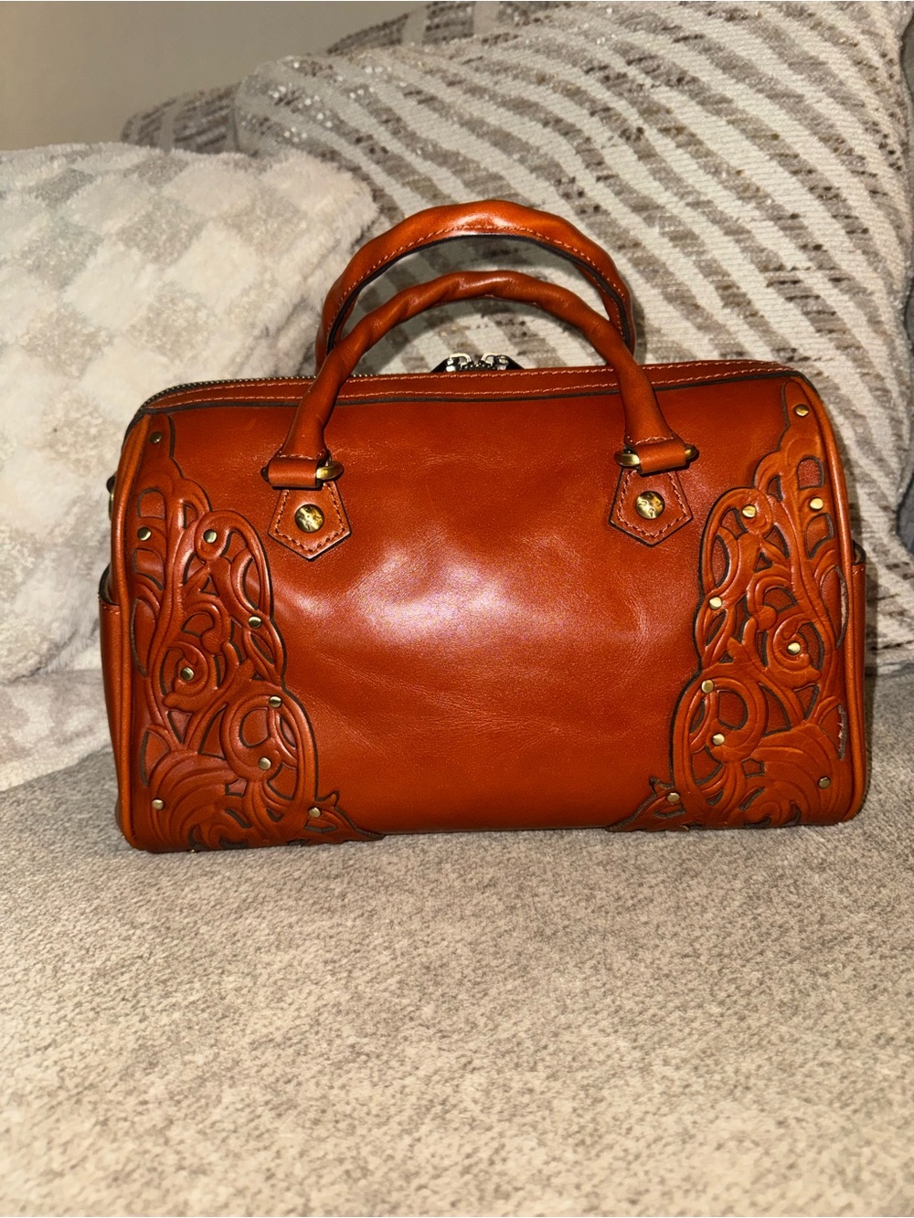 Patricia Nash Cognac Leather Satchel with Floral Carving